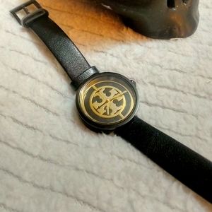 Tory Burch TBW4033 Reva Double Wrap Leather Strap Watch In Black Gold